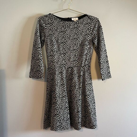LOFT Outlet Black/Silver/Gray Metallic Rose Print Fit & Flare Mini Dress | SZ 0 - Picture 7 of 12